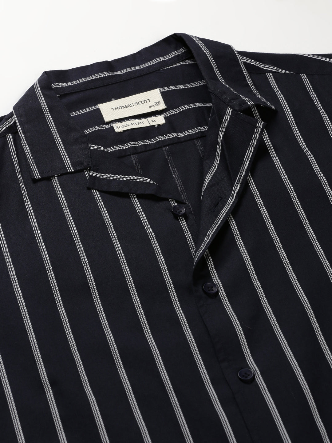 Thomas Scott Men Navy Regular Fit 100% Cotton Vertical Stripes Casual Shirt with Long Sleeves & Cuban Collar