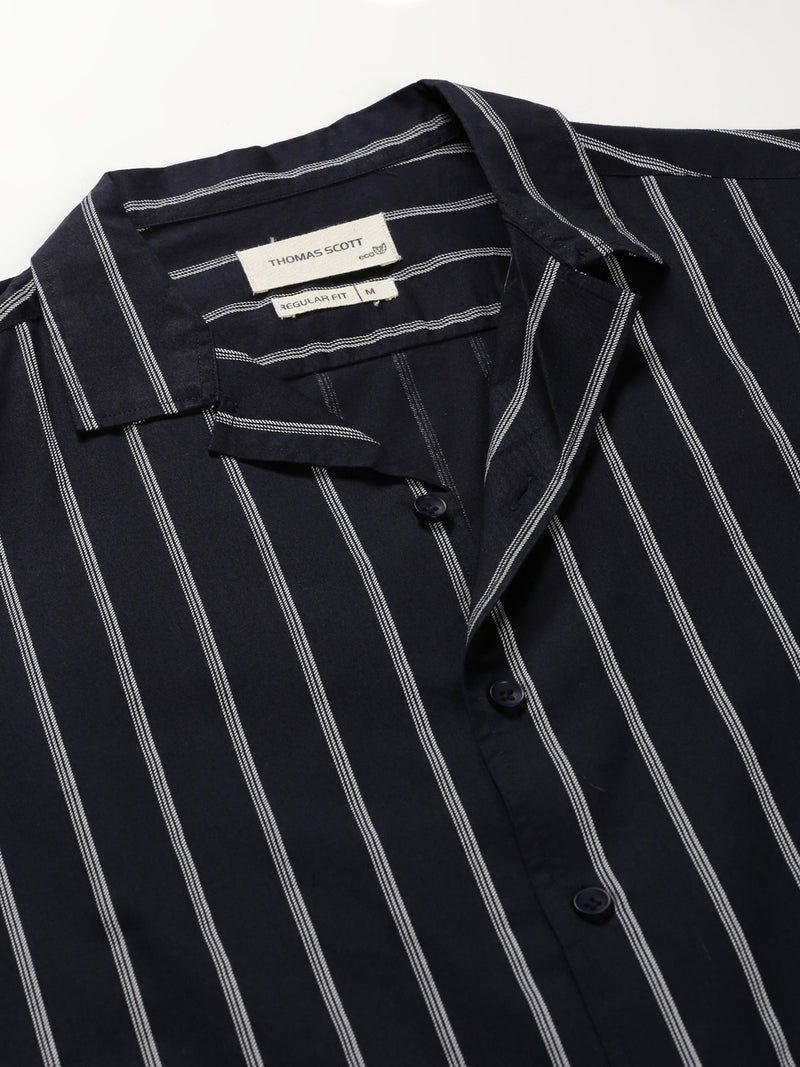 Thomas Scott Men Navy Regular Fit 100% Cotton Vertical Stripes Casual Shirt with Long Sleeves & Cuban Collar