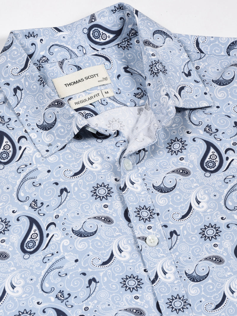 Thomas Scott Men Blue Regular Fit Short Sleeves Spread Collar Abstract Printed Casual Shirt