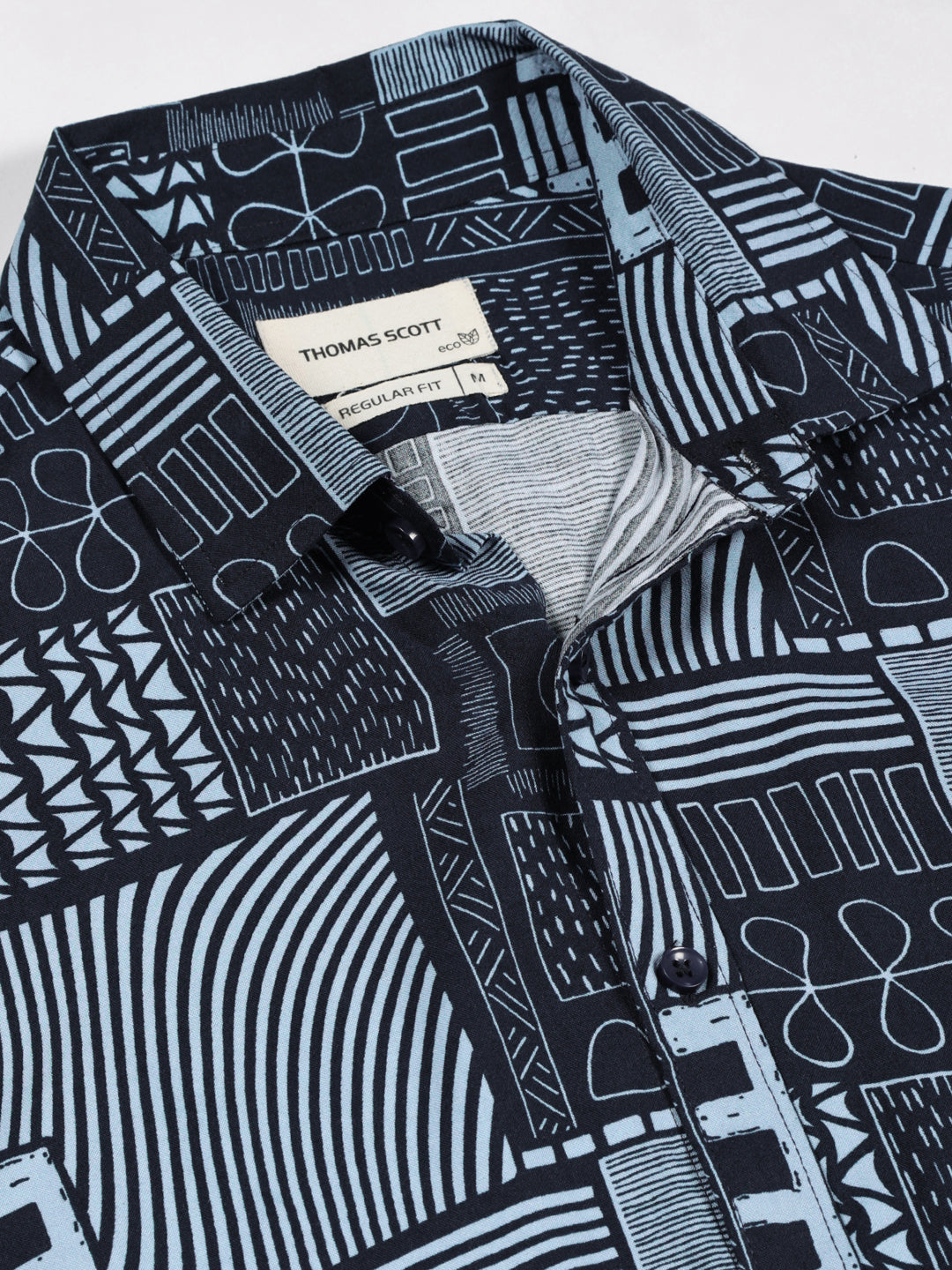 Thomas Scott Men Navy Blue Regular Fit Short Sleeves Spread Collar Abstract Printed Casual Shirt