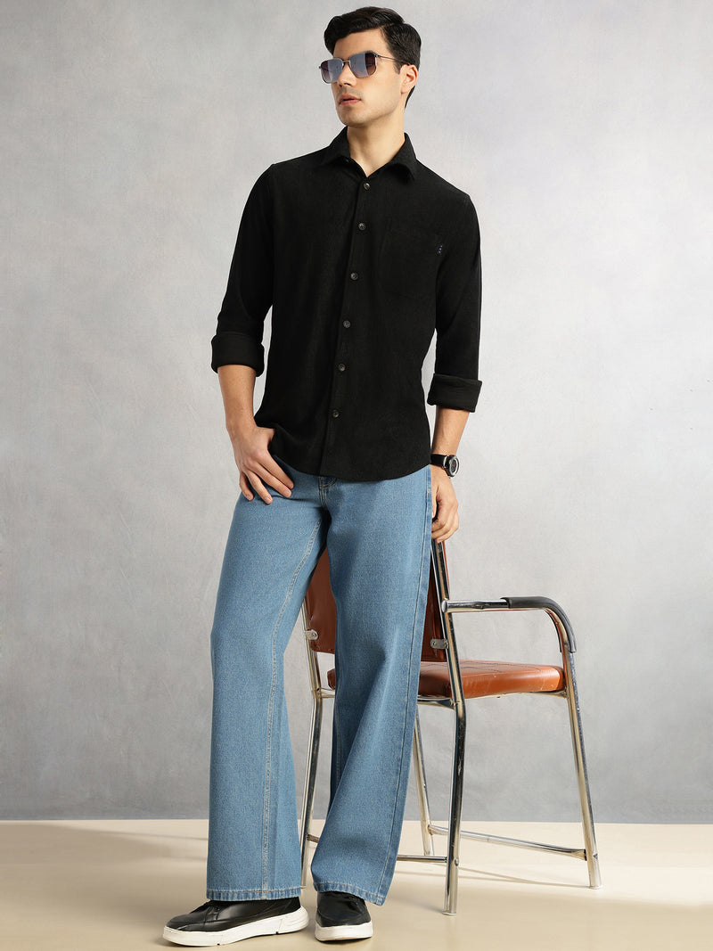 Thomas Scott Men Black Relaxed Fit Long Sleeves Spread Collar Corduroy Casual Shirt