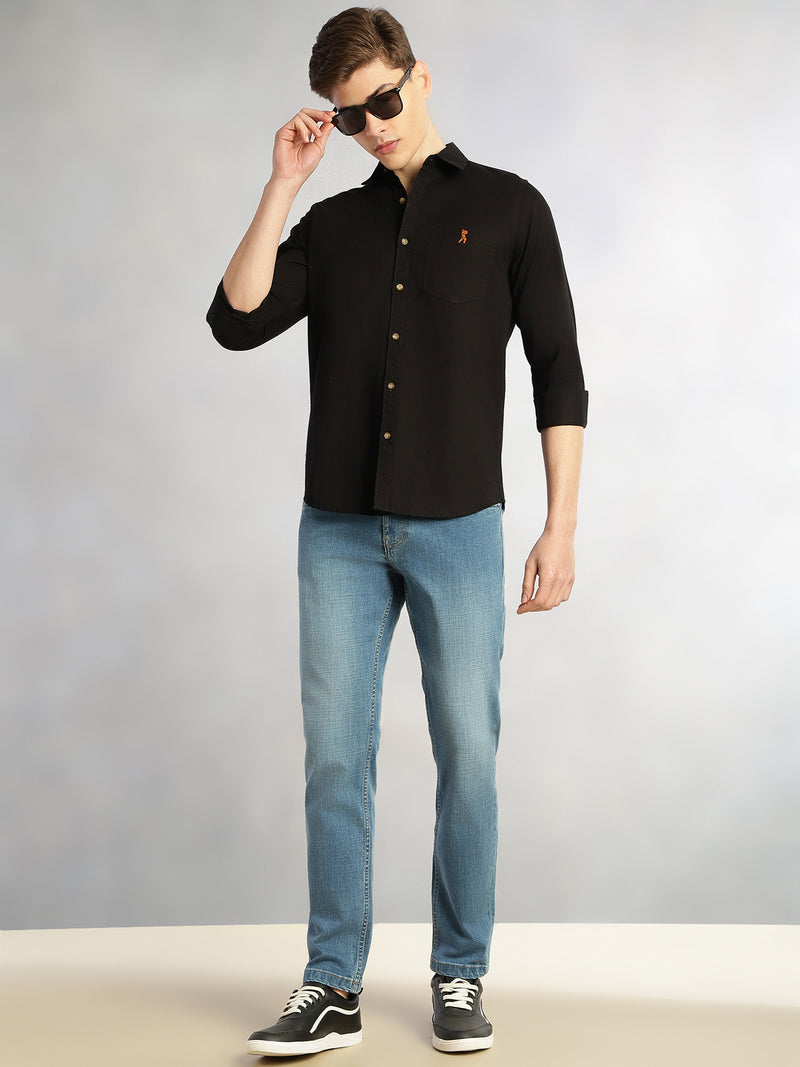 Thomas Scott Men Black Cricket Club Collection Long Sleeves Slim Fit Spread Collar 100% Cotton Twill Casual Shirt