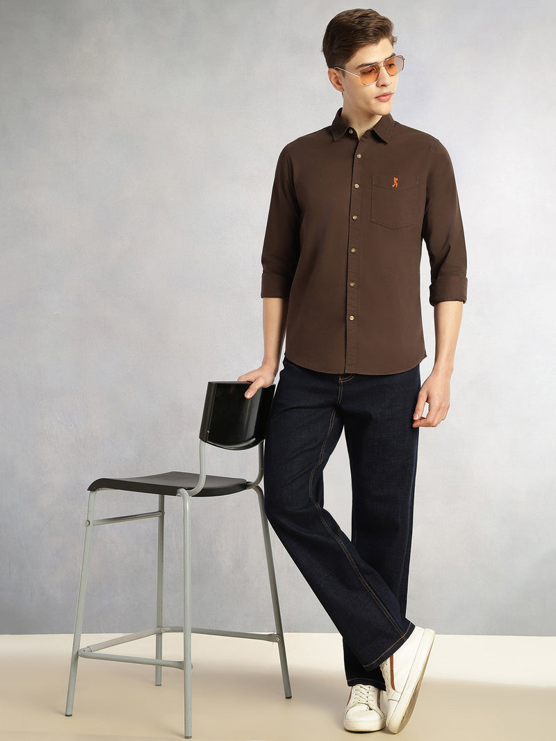 Thomas Scott Men Coffee Cricket Club Collection Long Sleeves Slim Fit Spread Collar 100% Cotton Twill Casual Shirt
