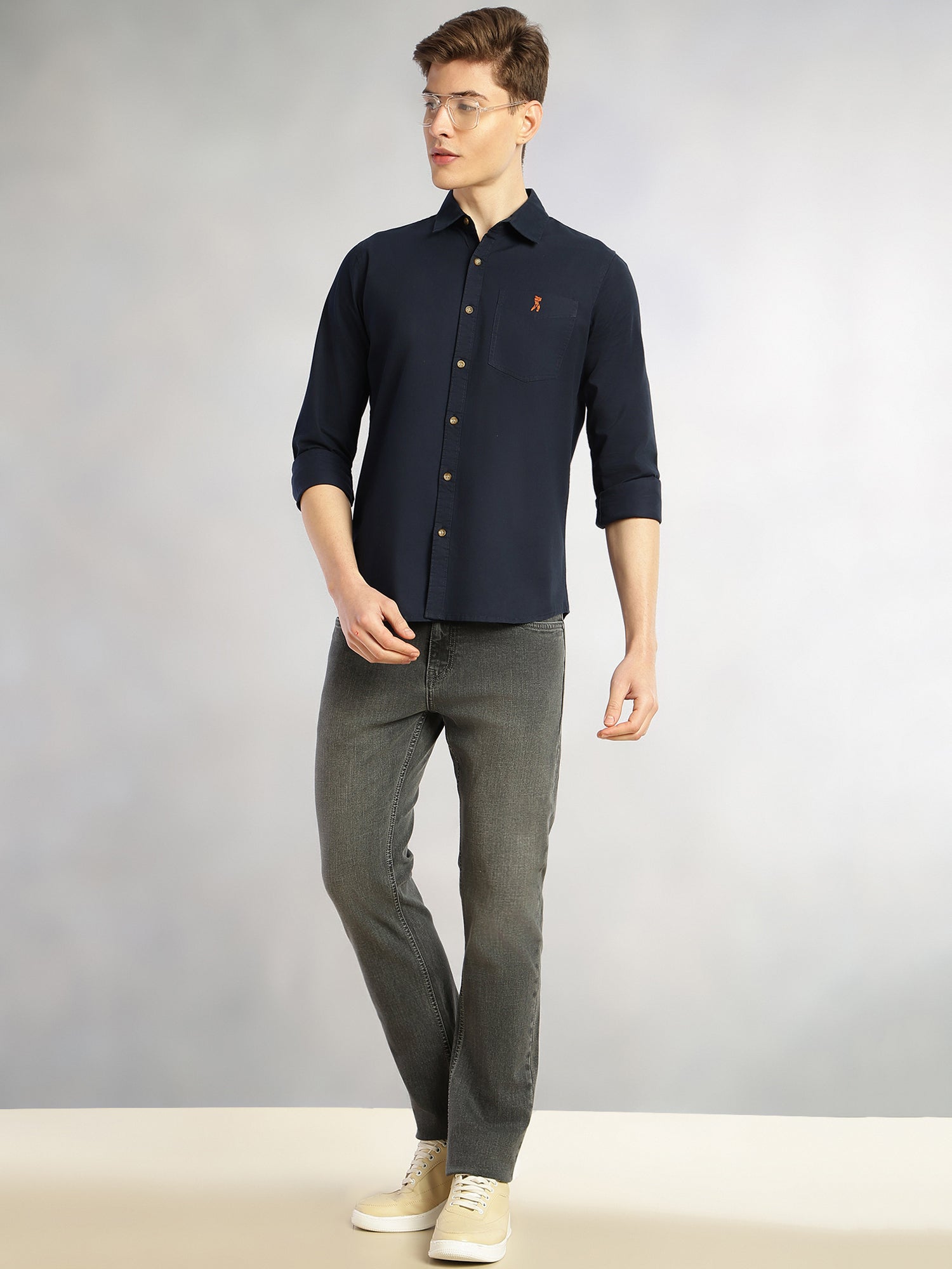Thomas Scott Men Navy Cricket Club Collection Long Sleeves Slim Fit Spread Collar 100% Cotton Twill Casual Shirt