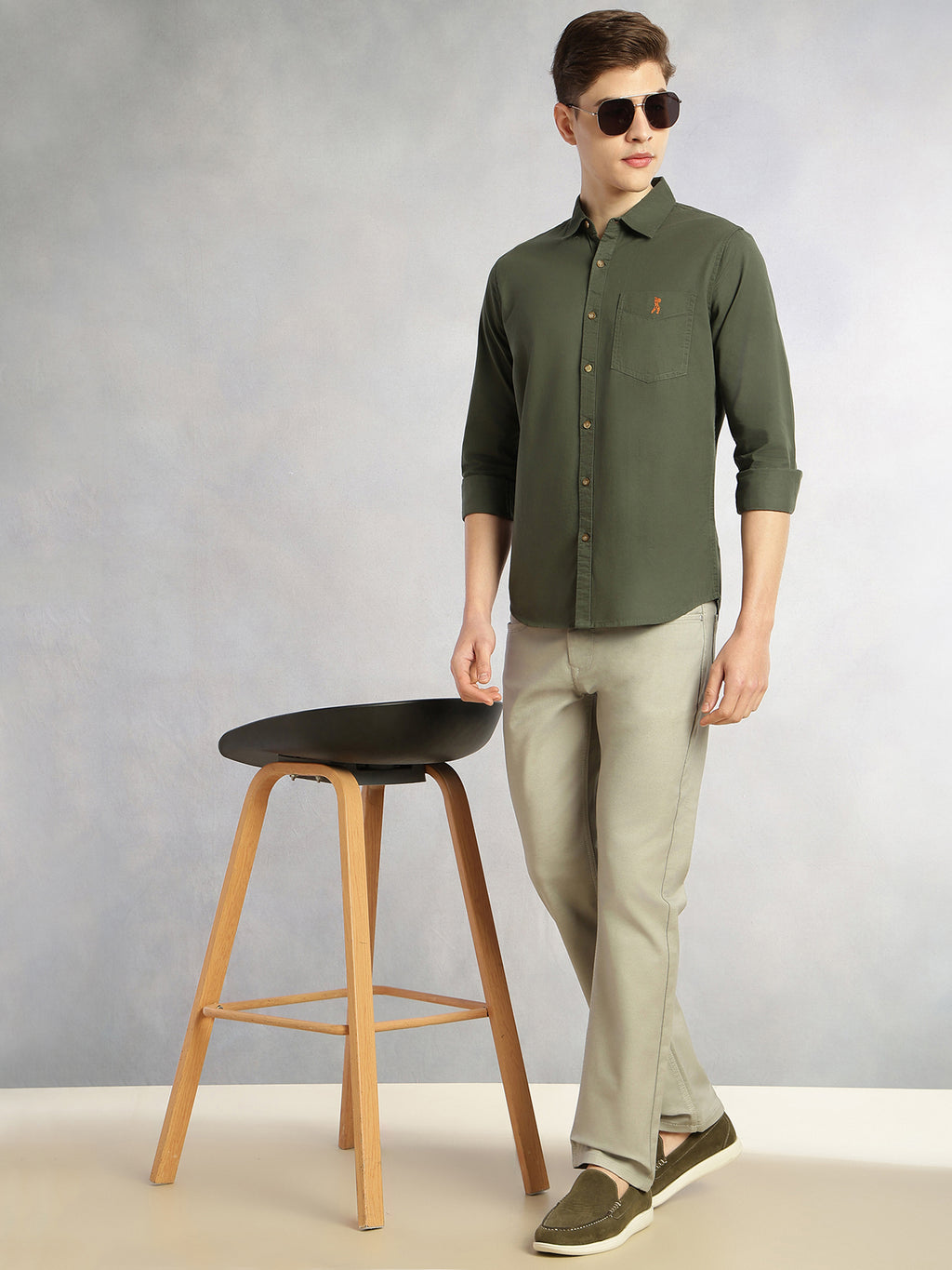 Thomas Scott Men Olive Cricket Club Collection Long Sleeves Slim Fit Spread Collar 100% Cotton Twill Casual Shirt