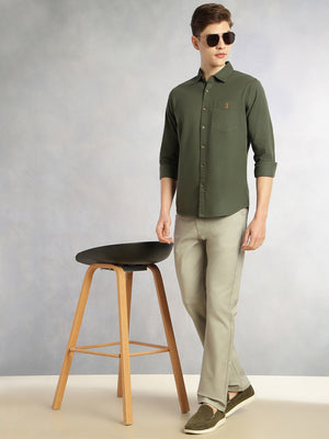 Thomas Scott Men Olive Cricket Club Collection Long Sleeves Slim Fit Spread Collar 100% Cotton Twill Casual Shirt