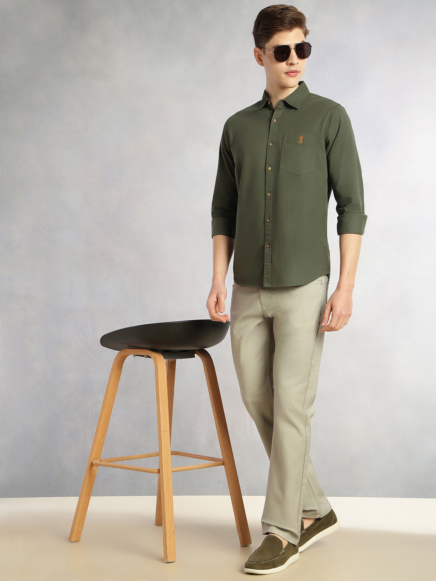 Thomas Scott Men Olive Cricket Club Collection Long Sleeves Slim Fit Spread Collar 100% Cotton Twill Casual Shirt