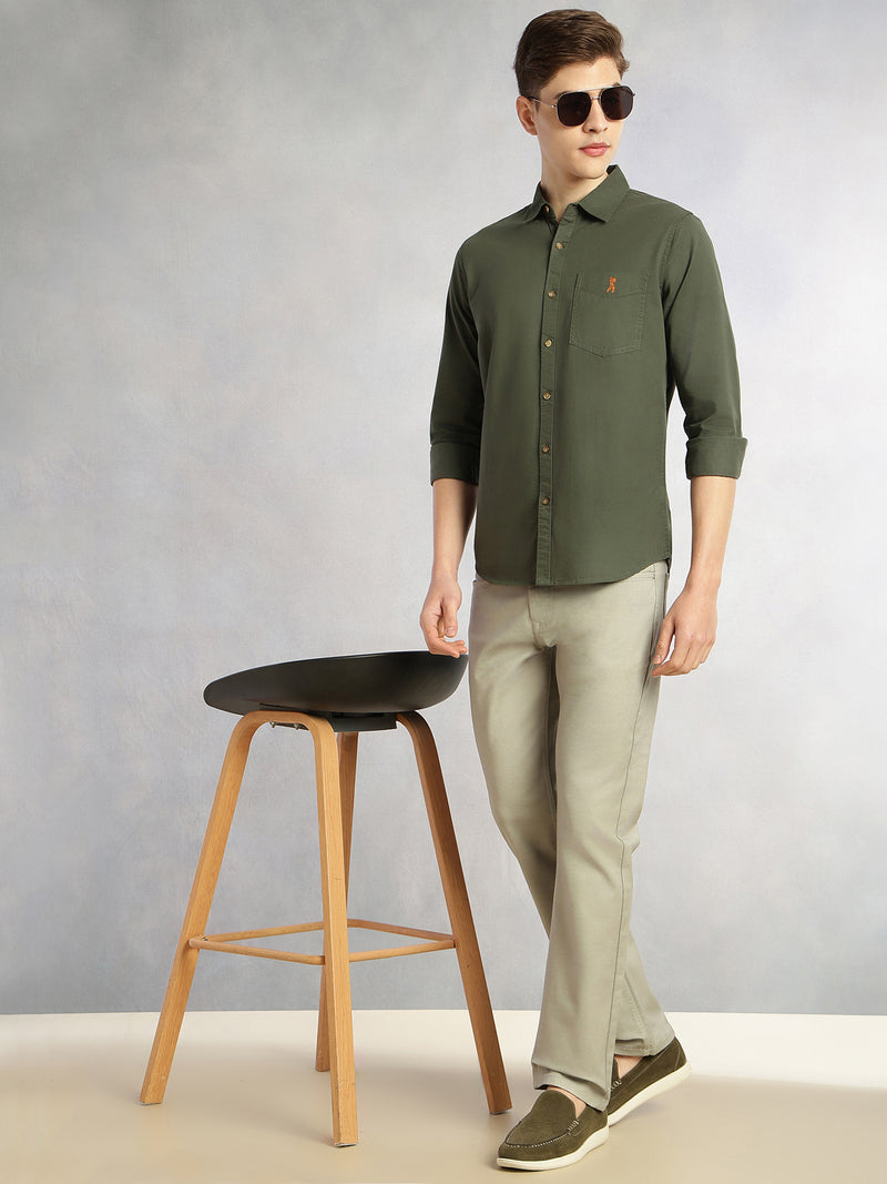 Thomas Scott Men Olive Cricket Club Collection Long Sleeves Slim Fit Spread Collar 100% Cotton Twill Casual Shirt