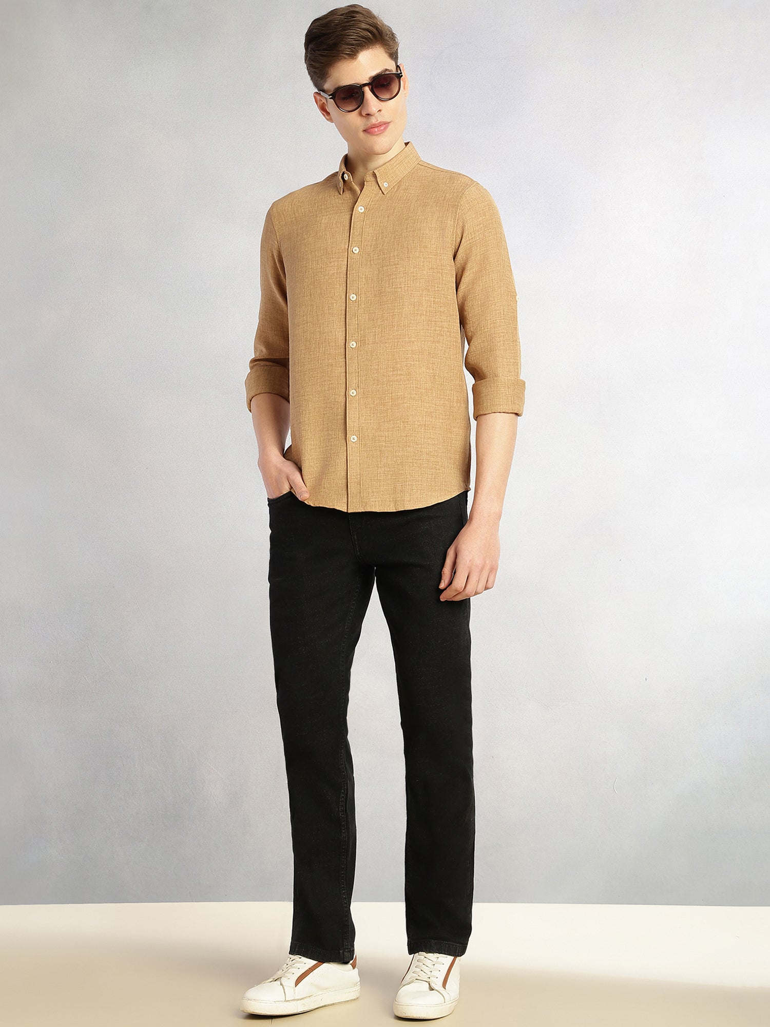 Thomas Scott Men Gold Slim Fit Long Sleeves Button-Down Collar Polyester Casual Shirt