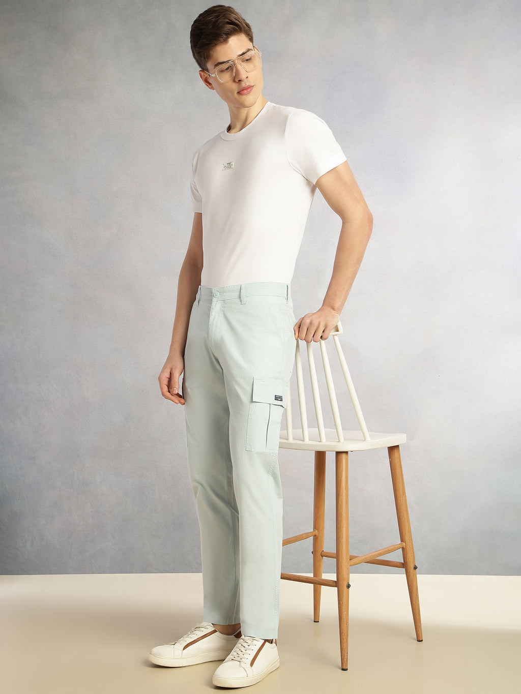 Thomas Scott Men Sky Blue Cricket Club Collection Relaxed Fit Mid-Rise 100% Cotton Woven Cargo Trouser