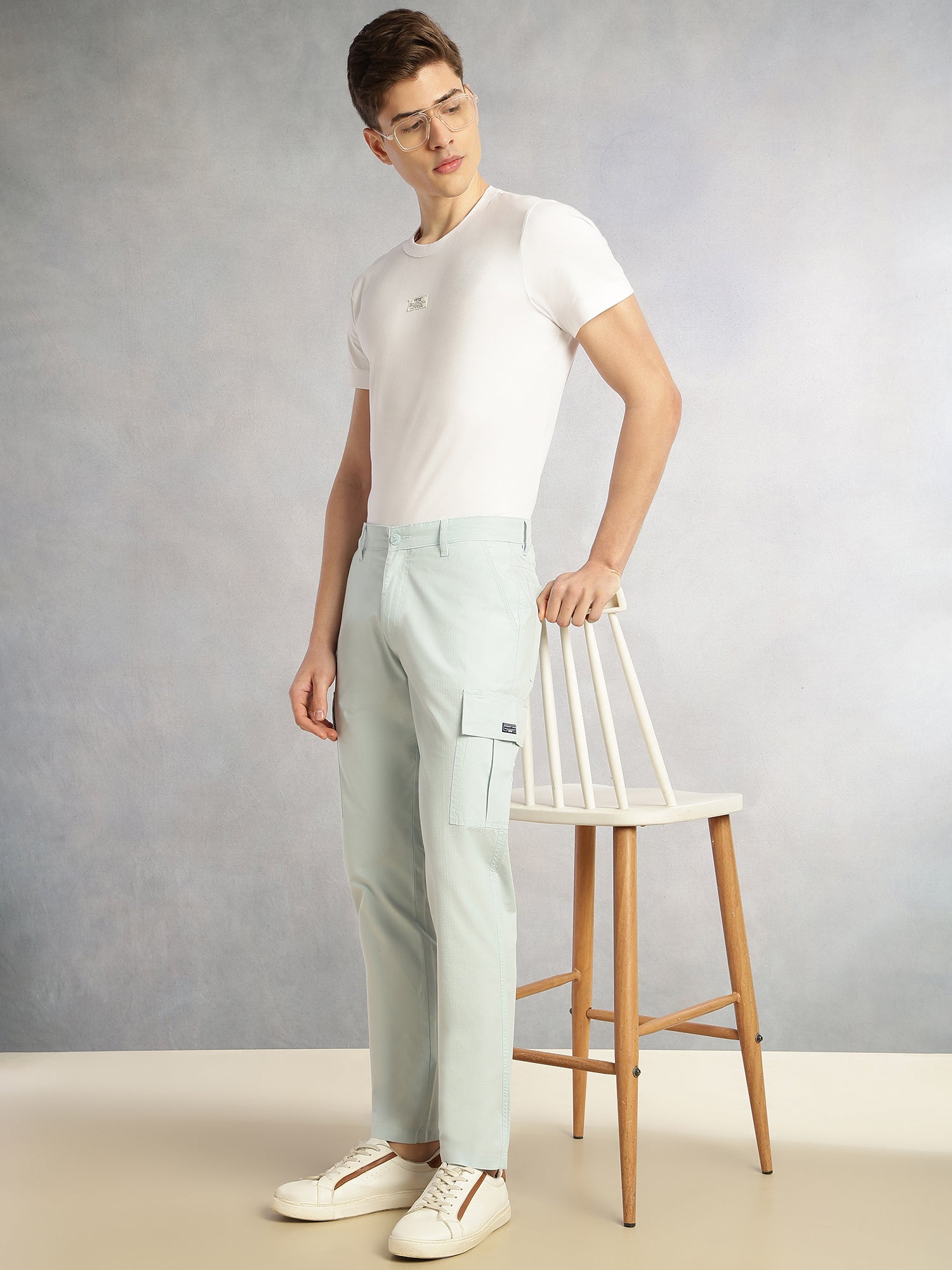 Thomas Scott Men Sky Blue Cricket Club Collection Relaxed Fit Mid-Rise 100% Cotton Woven Cargo Trouser