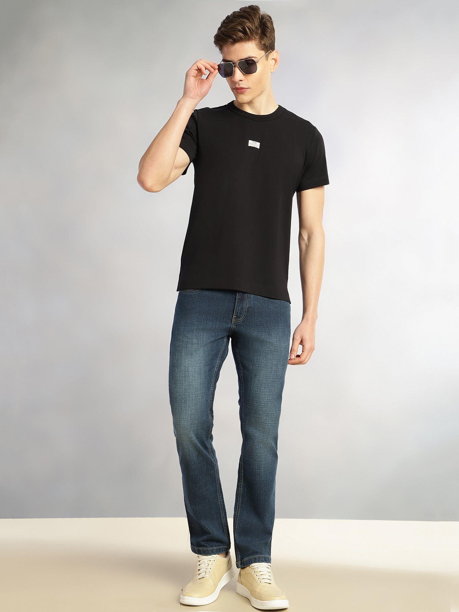 Thomas Scott Men Black Cricket Club Collection Regular Fit Short Sleeves Round Neck Solid Knitted T-Shirt