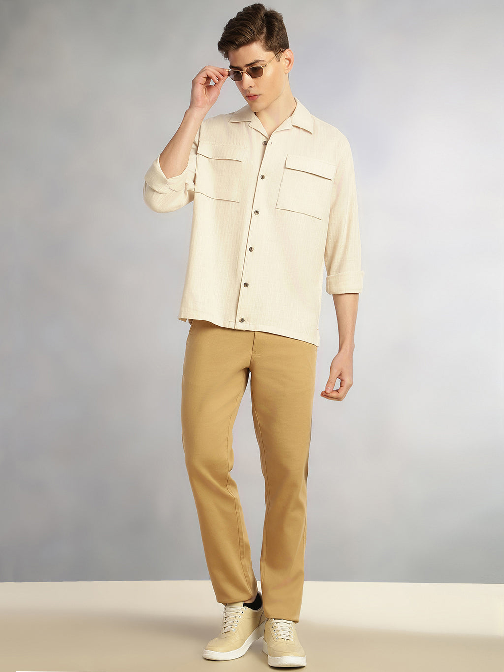 Thomas Scott Men Beige Cricket Club Collection Oversized Fit Long Sleeves Camp Collar 100% Cotton Shacket