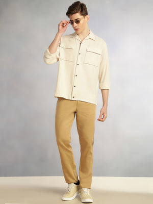 Thomas Scott Men Beige Cricket Club Collection Oversized Fit Long Sleeves Camp Collar 100% Cotton Shacket