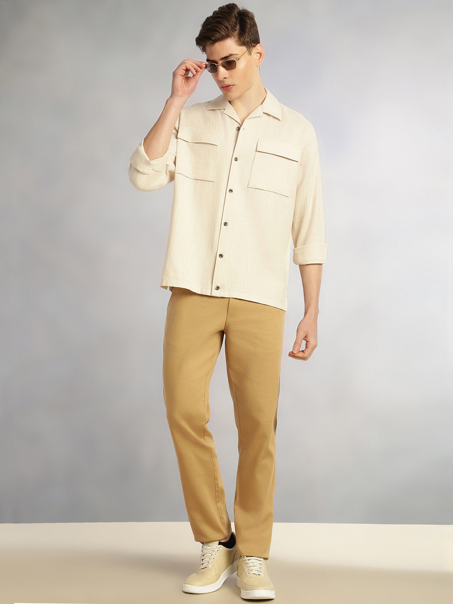 Thomas Scott Men Beige Cricket Club Collection Oversized Fit Long Sleeves Camp Collar 100% Cotton Shacket