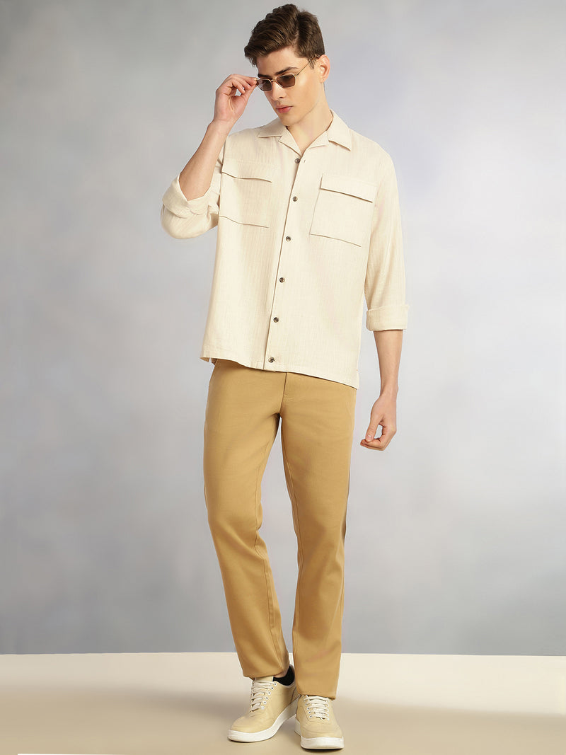 Thomas Scott Men Beige Cricket Club Collection Oversized Fit Long Sleeves Camp Collar 100% Cotton Shacket