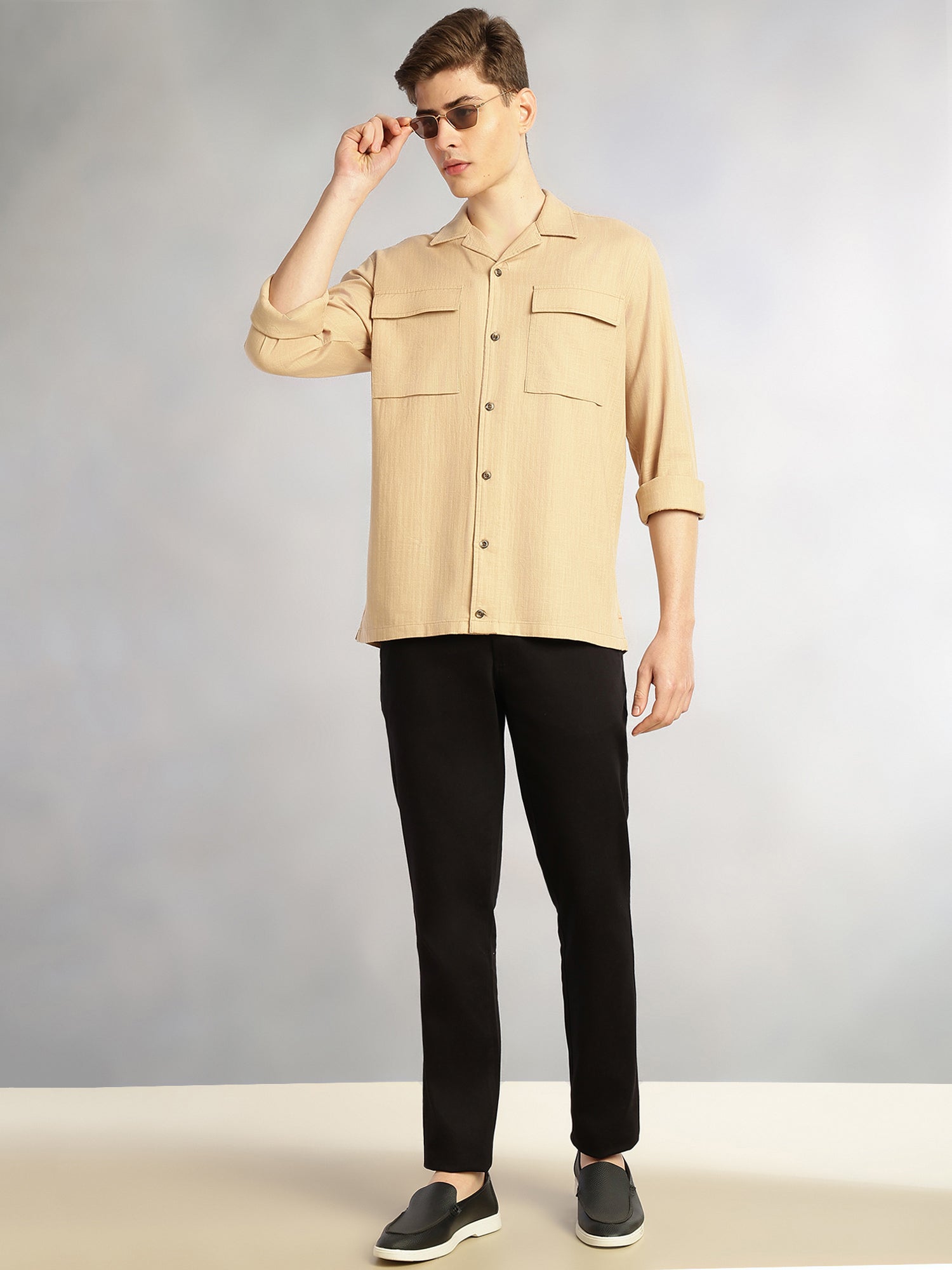 Thomas Scott Men Dark Beige Cricket Club Collection Oversized Fit Long Sleeves Camp Collar 100% Cotton Shacket