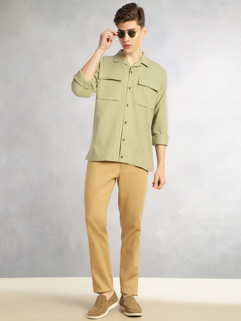 Thomas Scott Men Green Cricket Club Collection Oversized Fit Long Sleeves Camp Collar 100% Cotton Shacket
