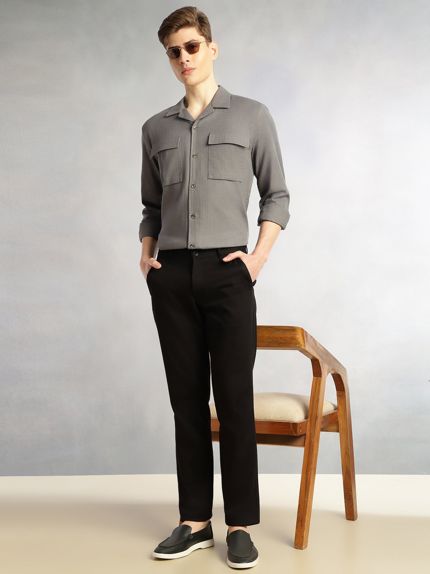 Thomas Scott Men Grey Cricket Club Collection Oversized Fit Long Sleeves Camp Collar 100% Cotton Shacket