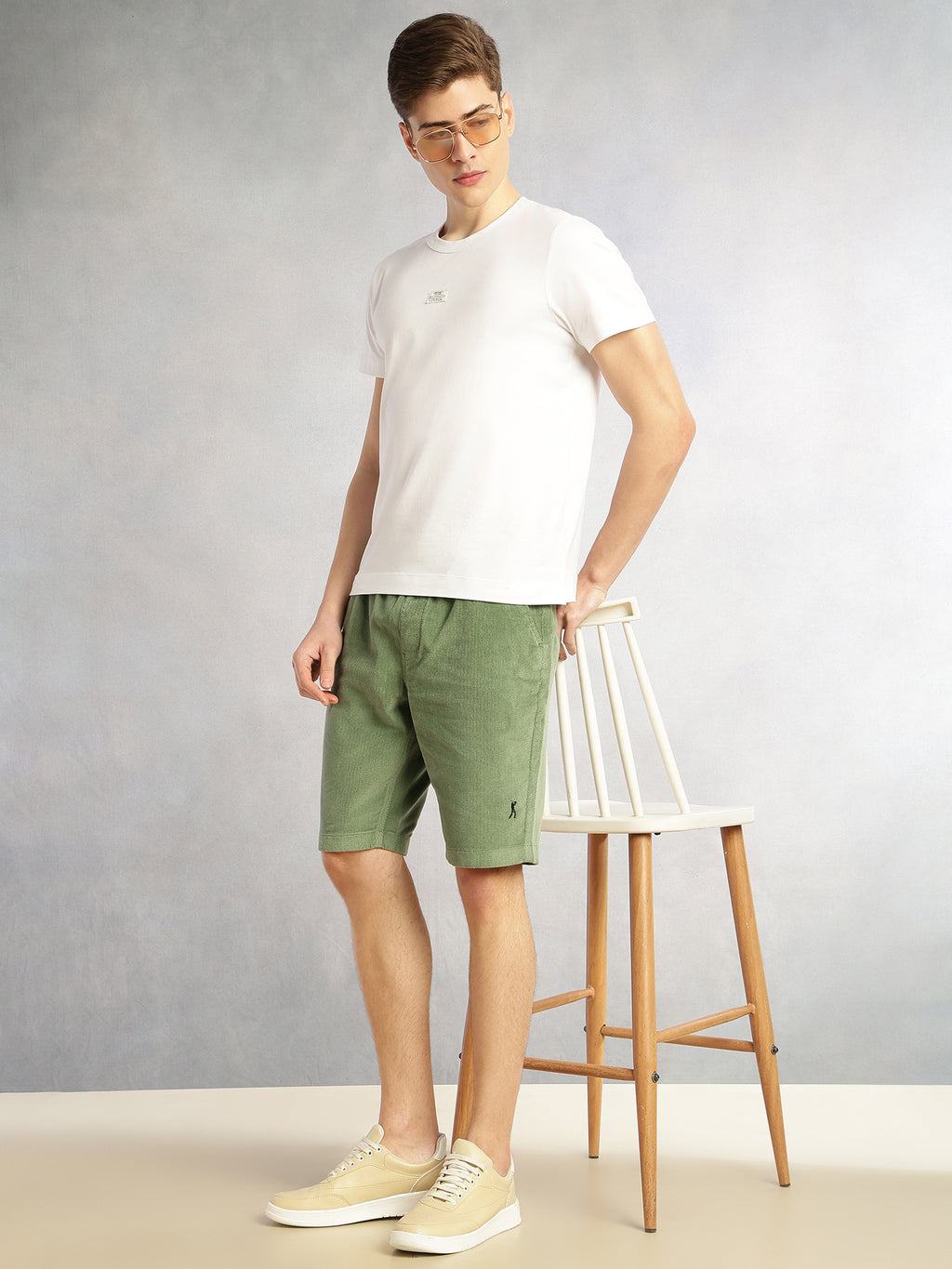 Thomas Scott Men Light Olive Cricket Club Collection Regular Fit Mid-Rise Woven Cotrises Corduroy Shorts