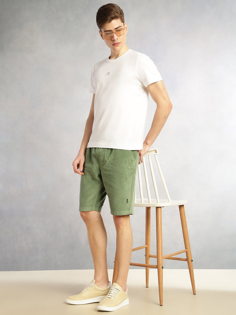 Thomas Scott Men Light Olive Cricket Club Collection Regular Fit Mid-Rise Woven Cotrises Corduroy Shorts