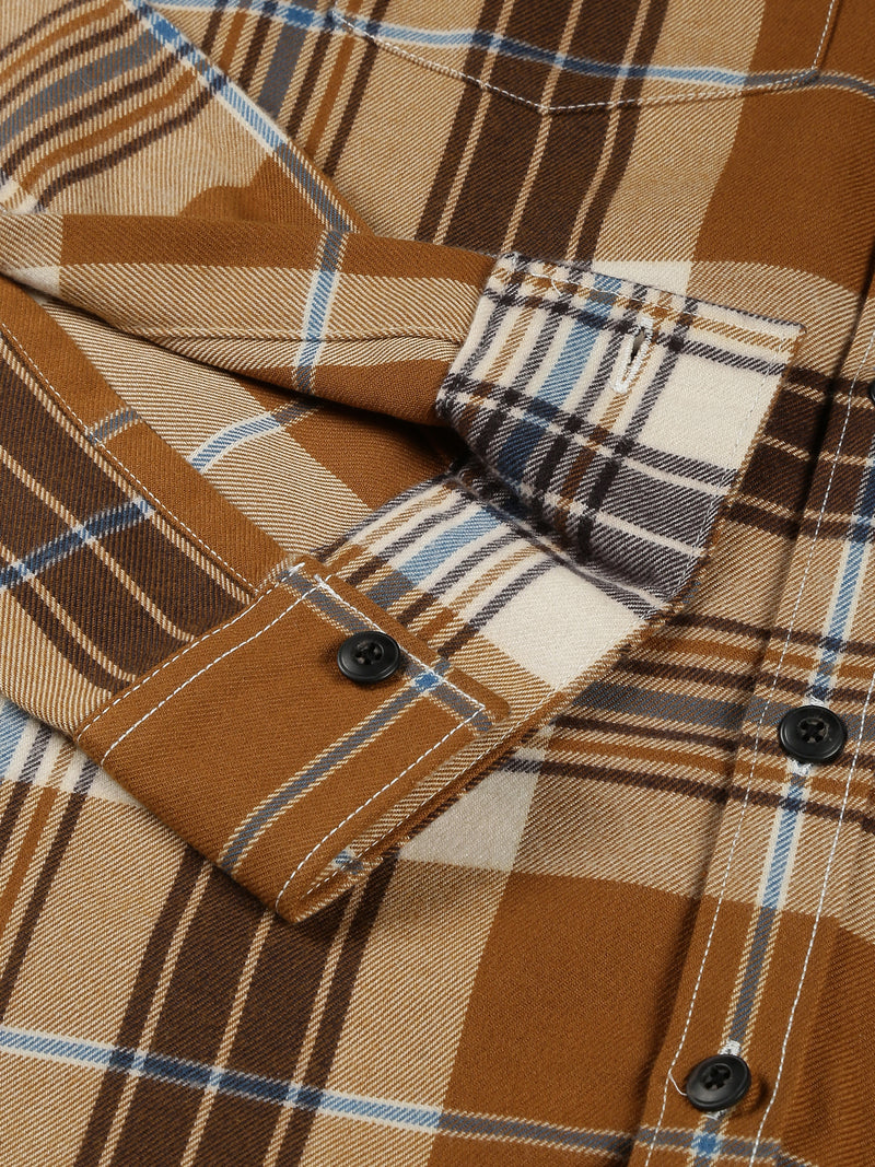 Thomas Scott Men Brown Regular Fit Long Sleeves Spread Collar Tartan Checks Double Pocket Knitted Casual Shirt