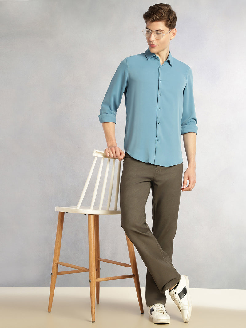 Thomas Scott Men Blue Regular Fit Full Sleeves Spread Collar Solid Polyester Casual Shirt