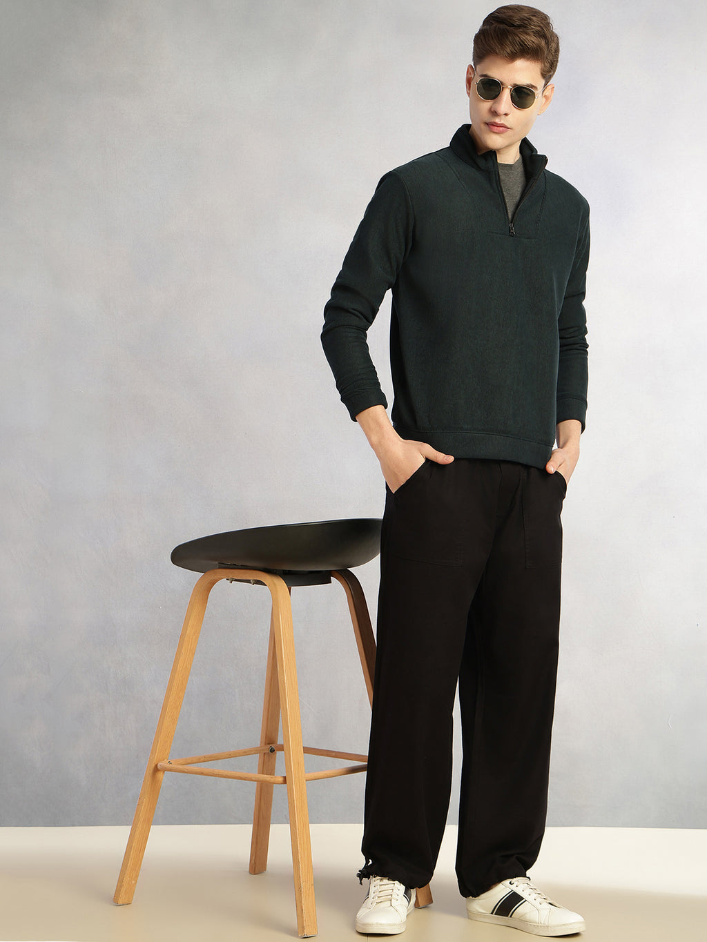 Thomas Scott Men Black Regular Fit Mid-Rise Solid Woven Trousers with Drawstring Closure & Four Pockets