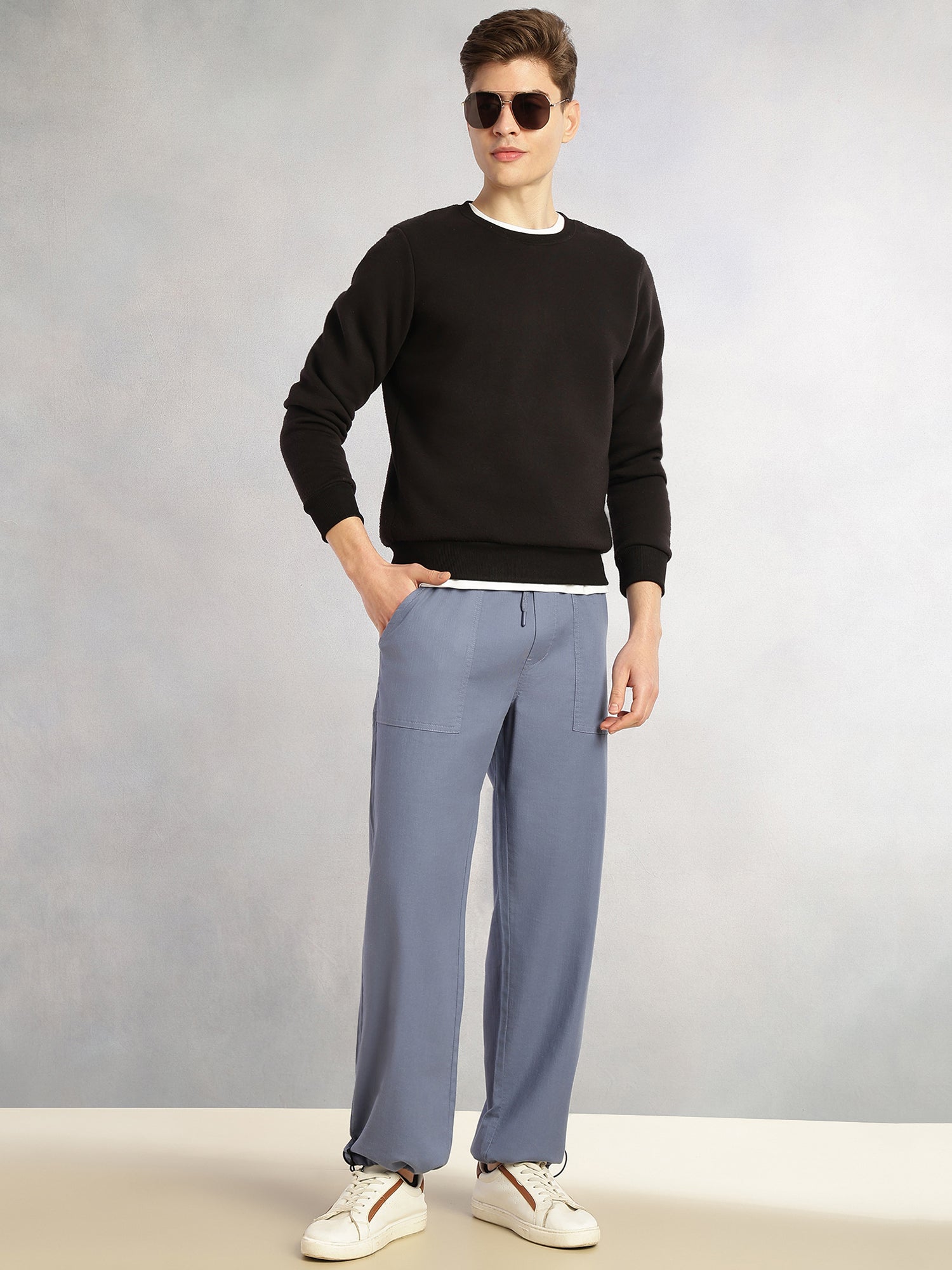 Thomas Scott Men Blue Regular Fit Mid-Rise Solid Woven Trousers with Drawstring Closure & Four Pockets