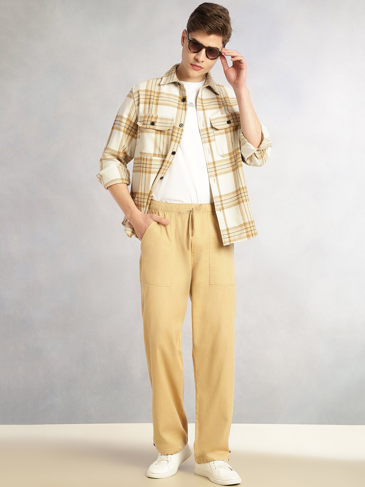 Thomas Scott Men Khaki Regular Fit Mid-Rise Solid Woven Trousers with Drawstring Closure & Four Pockets