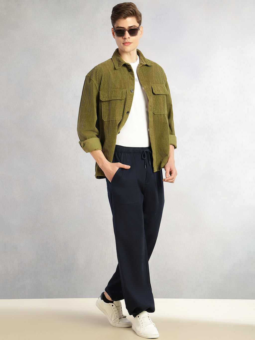 Thomas Scott Men Navy Regular Fit Mid-Rise Solid Woven Trousers with Drawstring Closure & Four Pockets