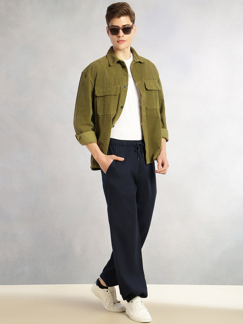 Thomas Scott Men Navy Regular Fit Mid-Rise Solid Woven Trousers with Drawstring Closure & Four Pockets