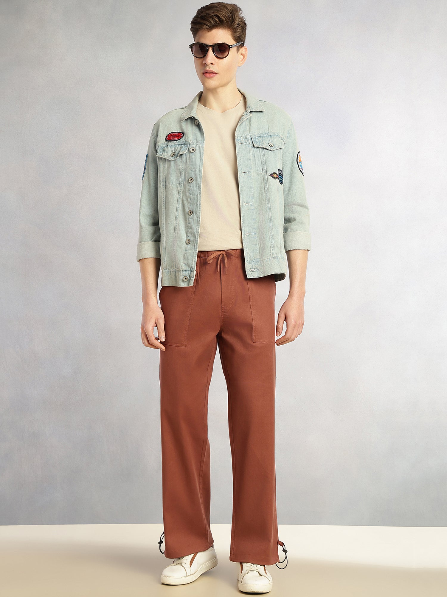 Thomas Scott Men Rust Regular Fit Mid-Rise Solid Woven Trousers with Drawstring Closure & Four Pockets