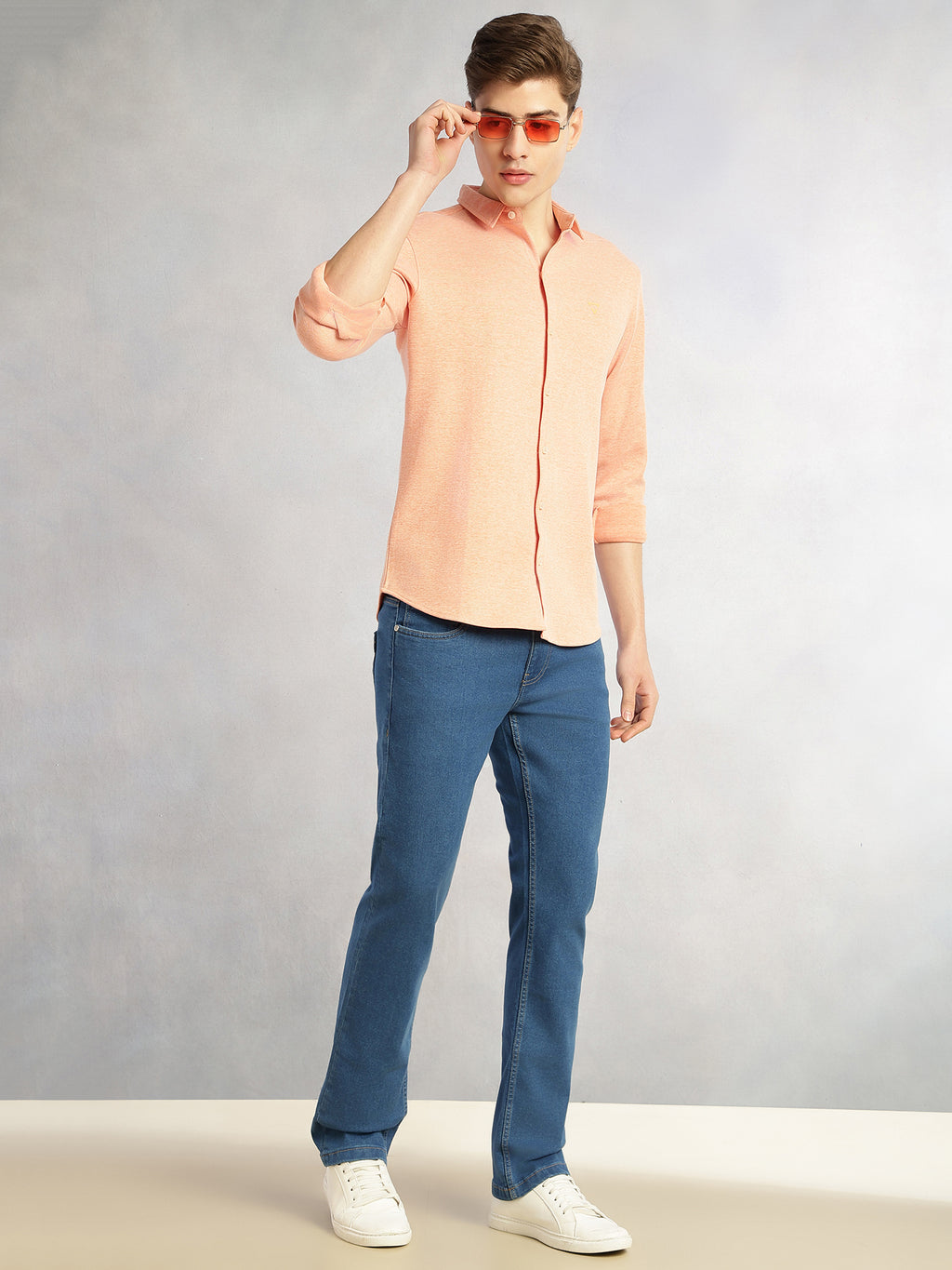 Thomas Scott Men Peach Slim Fit Long Sleeves Spread Collar Solid Knitted Shirt
