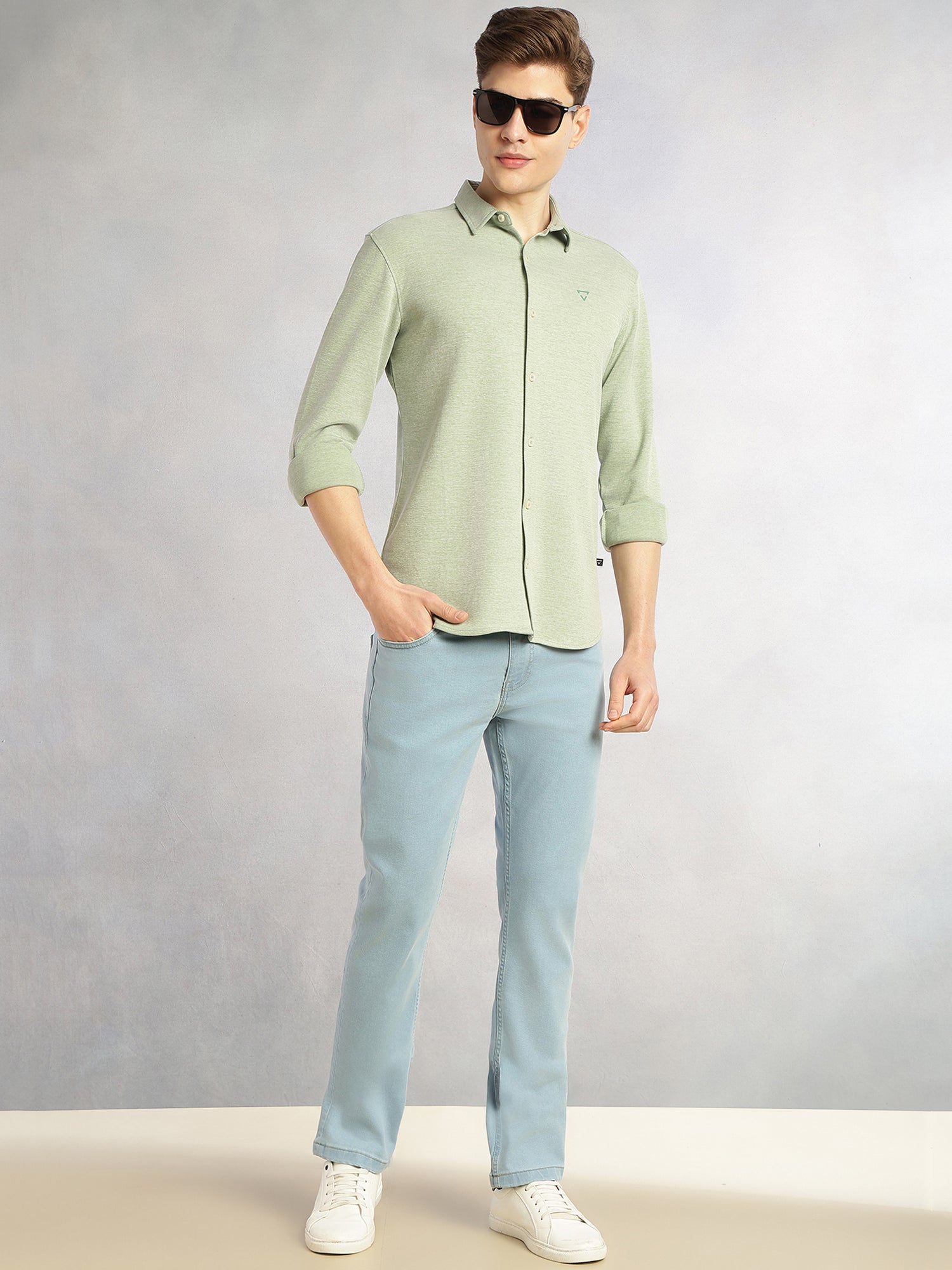Thomas Scott Men Sage Green Slim Fit Long Sleeves Spread Collar Solid Knitted Shirt