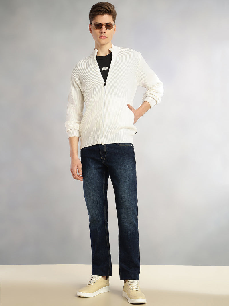 Thomas Scott Men White Regular Fit Long Sleeves Zip Closure Mock Collar Acrylic Knitted Sweatshirt