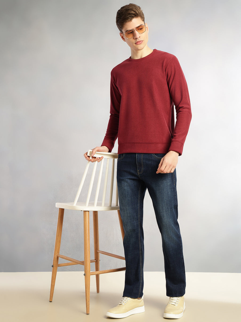 Thomas Scott Men Maroon Regular Fit Long Sleeves Round Neck Solid Polyester Pullover Sweatshirt