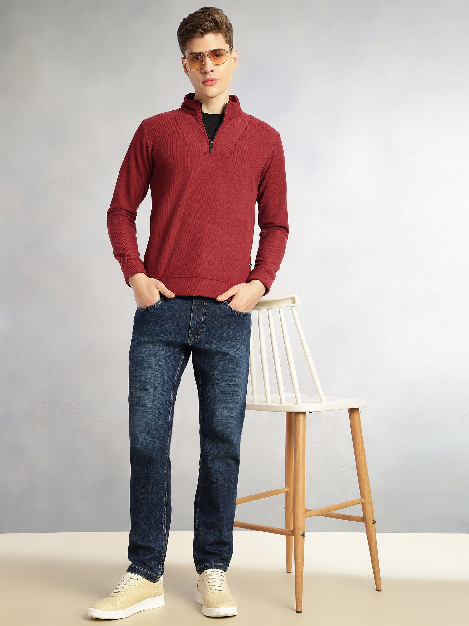Thomas Scott Men Maroon Regular Fit Long Sleeves Mock Neck Half-Zip Solid Polyester Knitted Sweatshirt