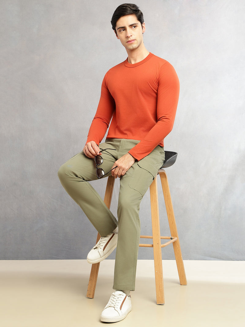 Thomas Scott Men Green Cricket Club Collections Straight Fit Mid-Rise Solid 6 Pockets 100% Cotton Woven Cargo Trouser