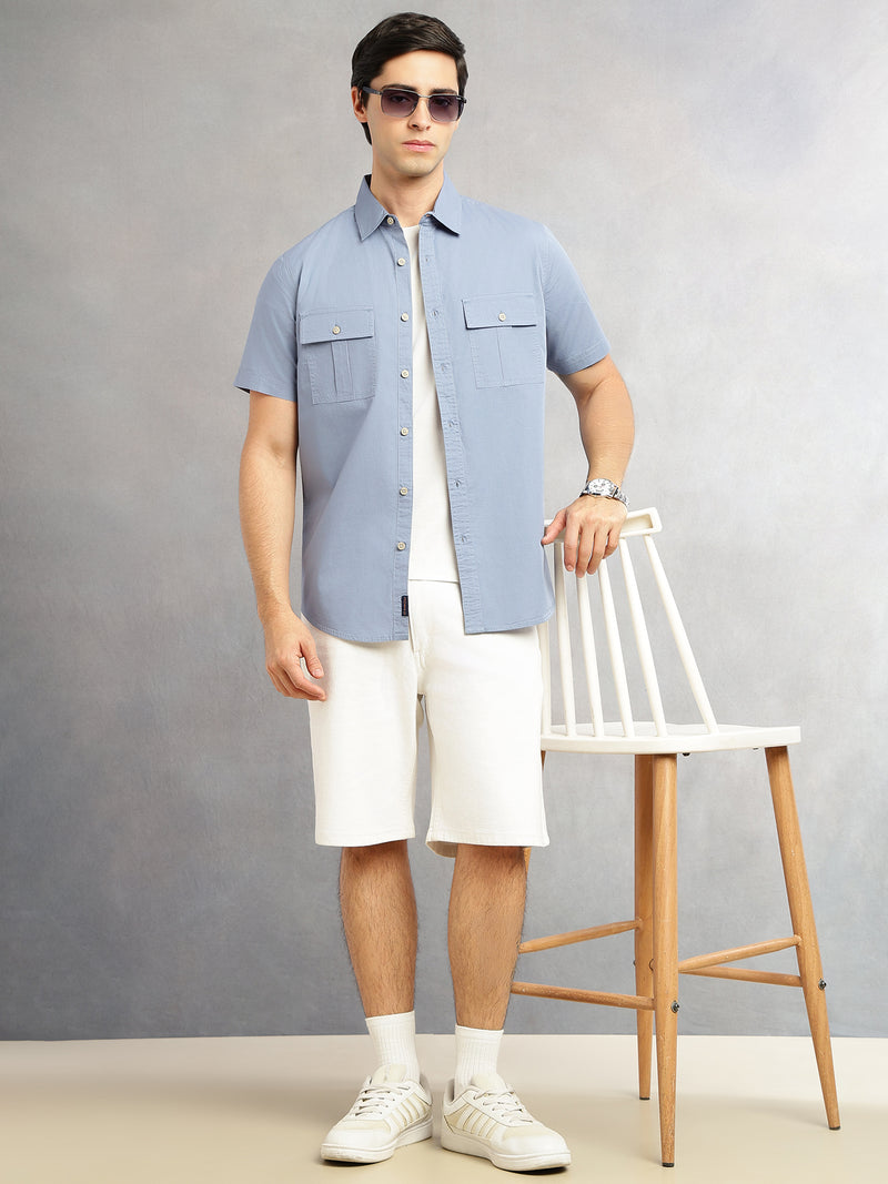 Thomas Scott Men Blue Cricket Club Collection Slim Fit Short Sleeve Spread Collar 2 Flap Pockets Solid Design Cotton Twill Casual Shirt