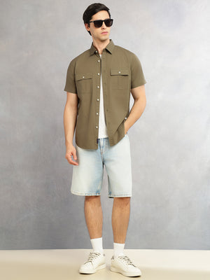 Thomas Scott Men Olive Cricket Club Collection Slim Fit Short Sleeve Spread Collar 2 Flap Pockets Solid Design Cotton Twill Casual Shirt