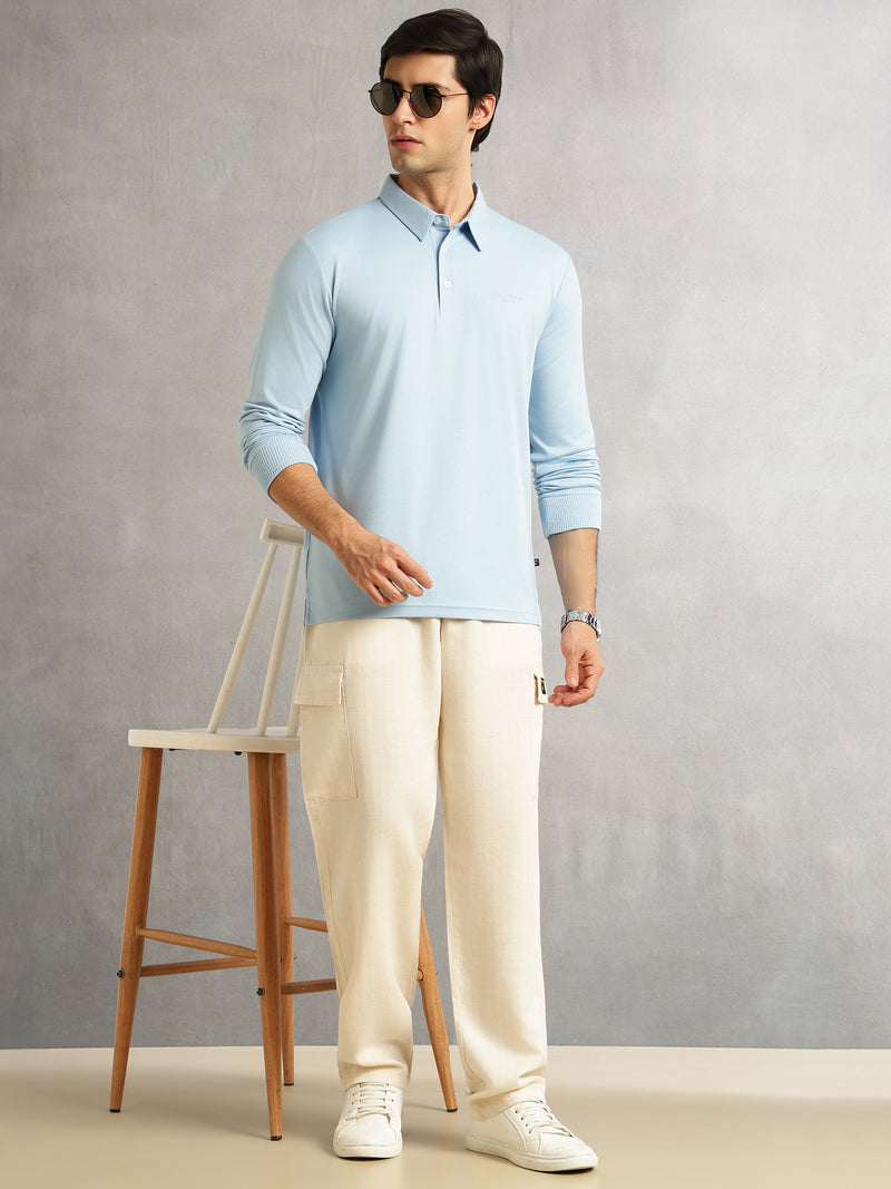 Thomas Scott Men Blue Regular Fit Long Sleeves Solid Viscose Rayon Knitted Polo Collar Performance Tshirt