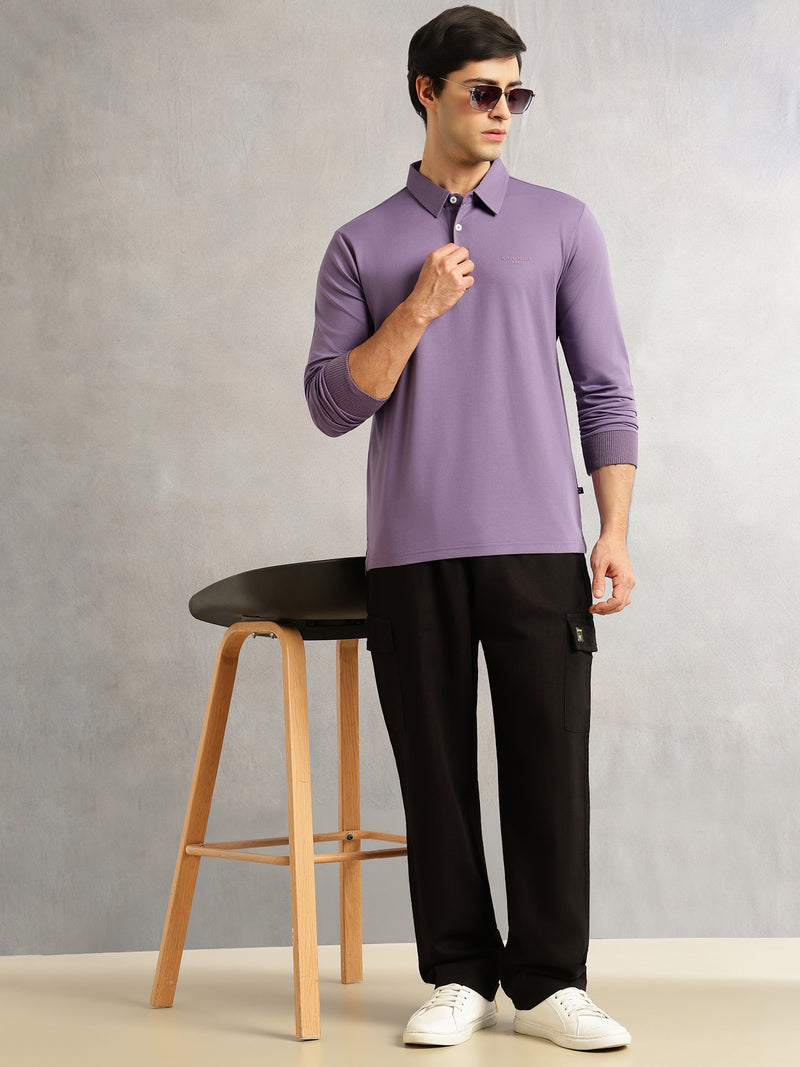 Thomas Scott Men Lavender Regular Fit Long Sleeves Solid Viscose Rayon Knitted Polo Collar Performance Tshirt