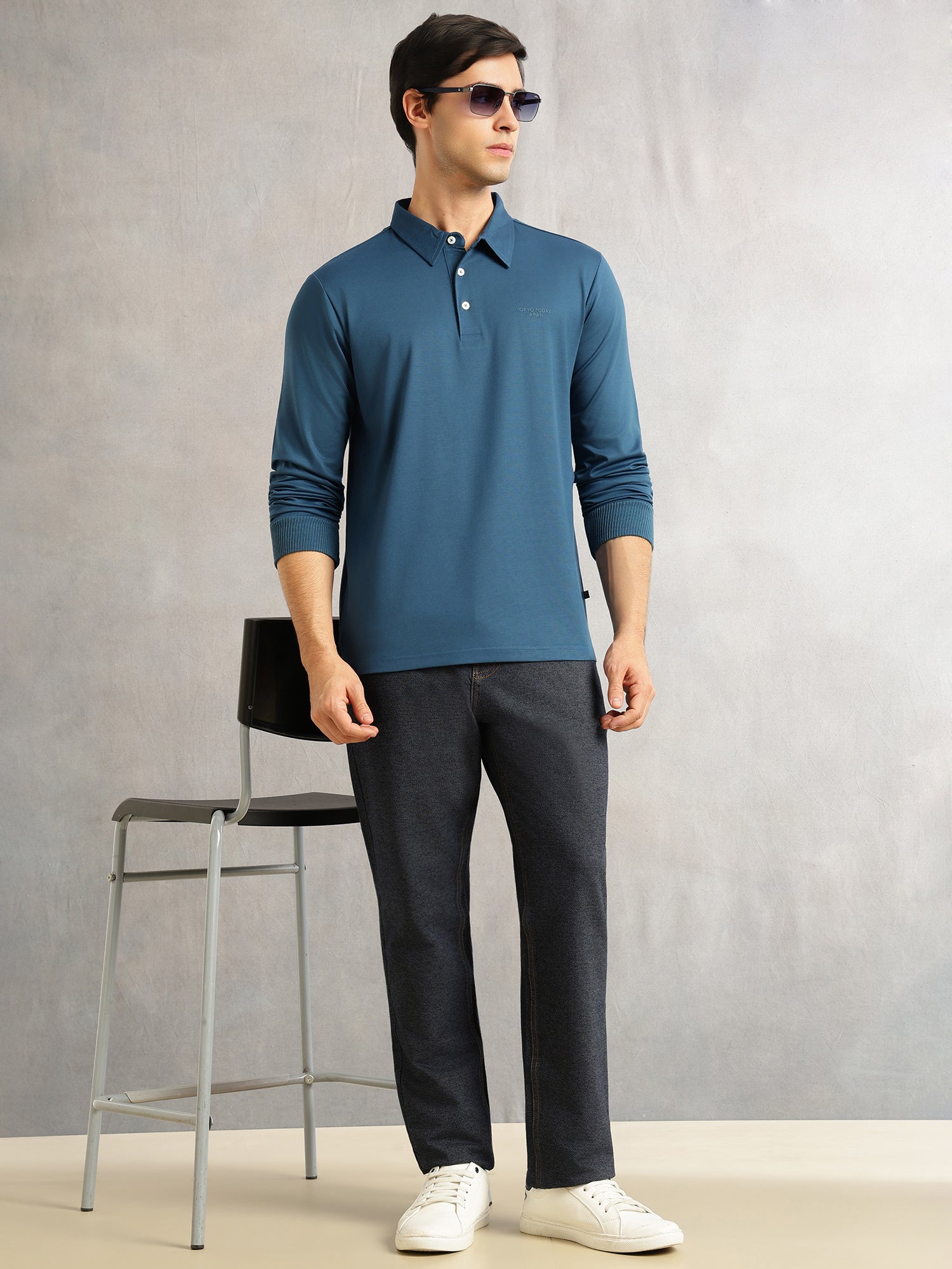 Thomas Scott Men Teal Regular Fit Long Sleeves Solid Viscose Rayon Knitted Polo Collar Performance Tshirt