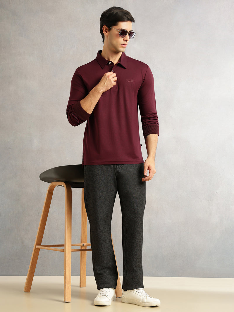 Thomas Scott Men Wine Regular Fit Long Sleeves Solid Viscose Rayon Knitted Polo Collar Performance Tshirt