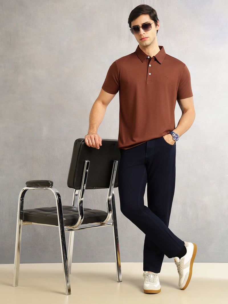 Thomas Scott Men Coffee Brown Regular Fit Short Sleeves Viscose Rayon Solid Knitted Polo Collar Performance Tshirt