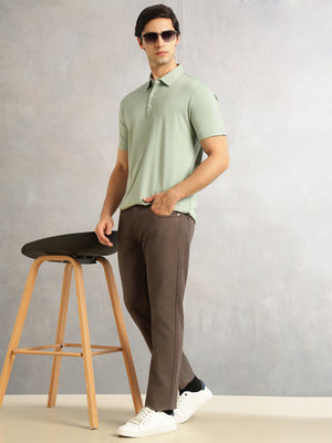 Thomas Scott Men Sage Green Regular Fit Short Sleeves Solid Viscose Rayon Knitted Polo Collar Performance T-shirt