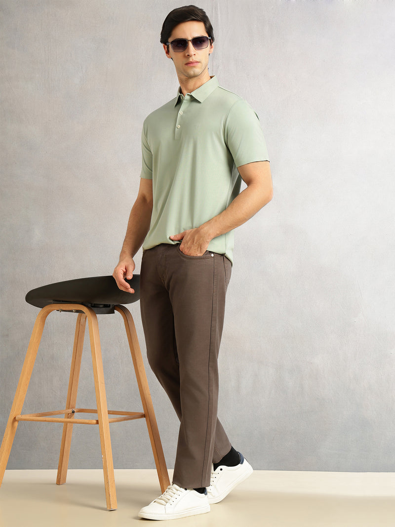 Thomas Scott Men Sage Green Regular Fit Short Sleeves Solid Viscose Rayon Knitted Polo Collar Performance T-shirt