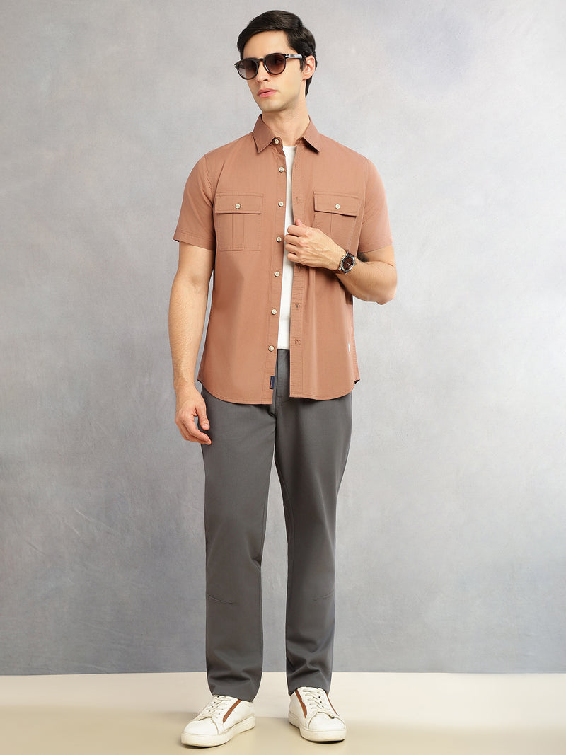 Thomas Scott Men Brown Cricket Club Collection Slim Fit Short Sleeve Spread Collar 2 Flap Pockets Solid Design Cotton Twill Casual Shirt