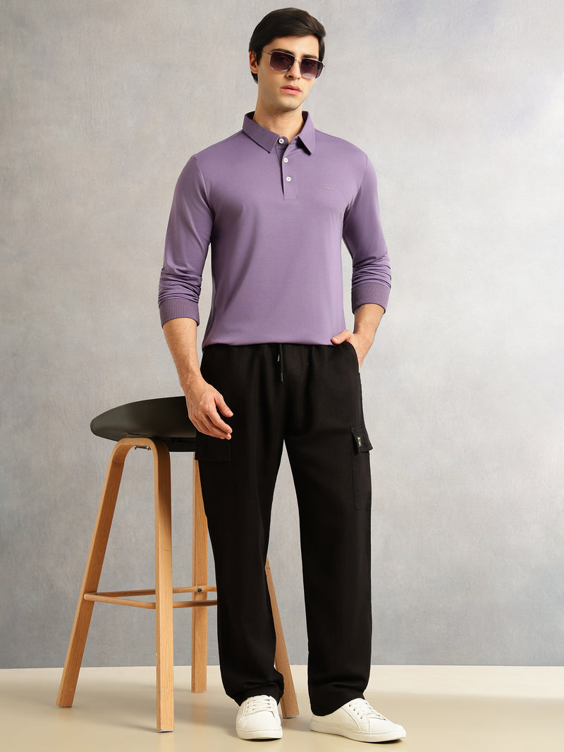 Thomas Scott Men Black Regular Fit Mid-Rise Linen Cargo Trouser with Drawstring Closure , 5 Pocket Design
